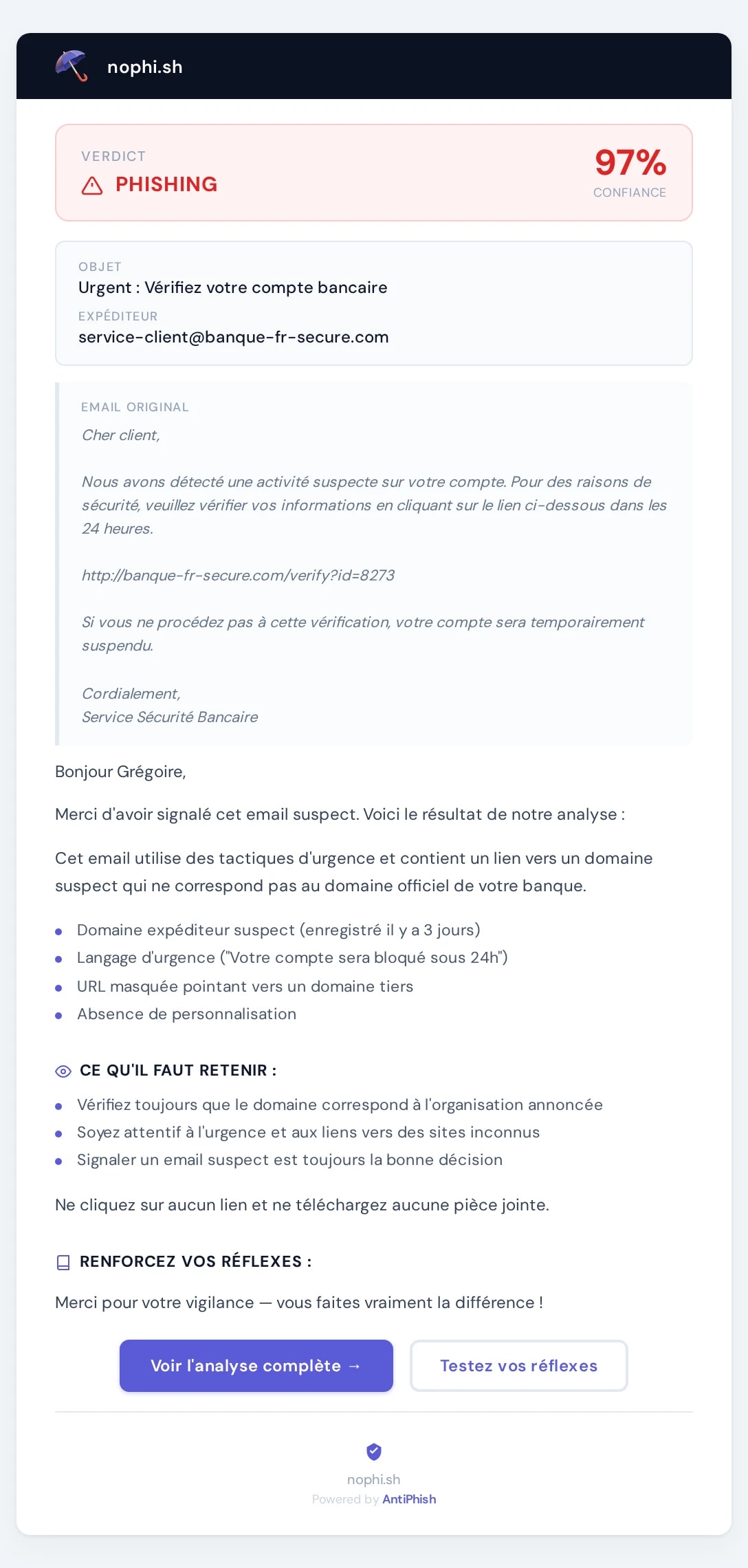 nophi.sh AI verdict - phishing detected with 97% confidence